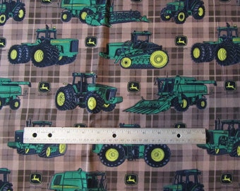Brown Plaid John Deere Tractor Toss Cotton Fabric by the Yard