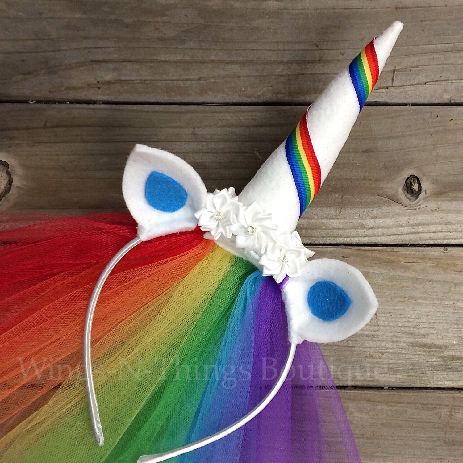 RAINBOW UNICORN HEADBAND w/ tulle veil White by wingsnthings13