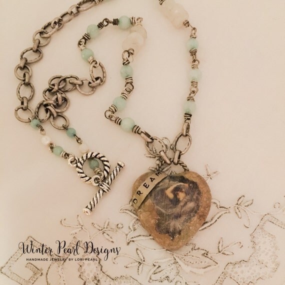 Mixed Media Dream Necklace Bohemian Heart by WinterPearlDesigns