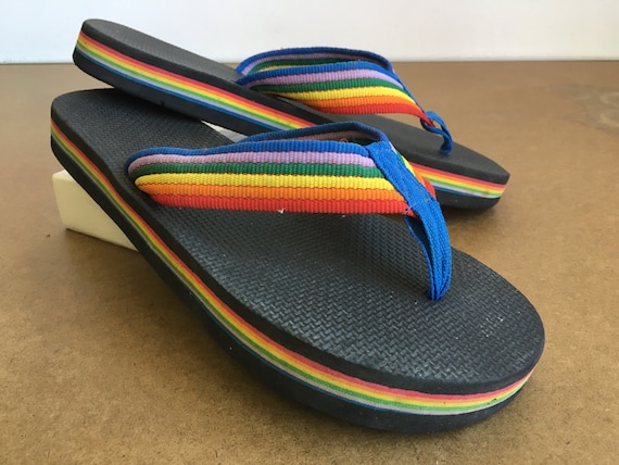 retro 80s rainbow flip flops