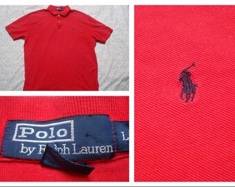 Vintage Retro Men's Polo Ralph Lauren Polo Shirt Short Sleeve Red Cotton Pique Polo Shirt Large