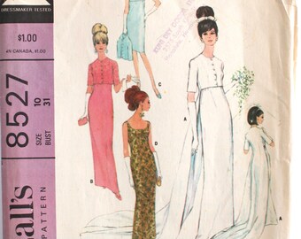 Vintage Wedding Dress Pattern- 1960's Wedding/Bridal Gown Column Dress with Train Sewing Pattern Size 10 Bust 31 McCall's 8527