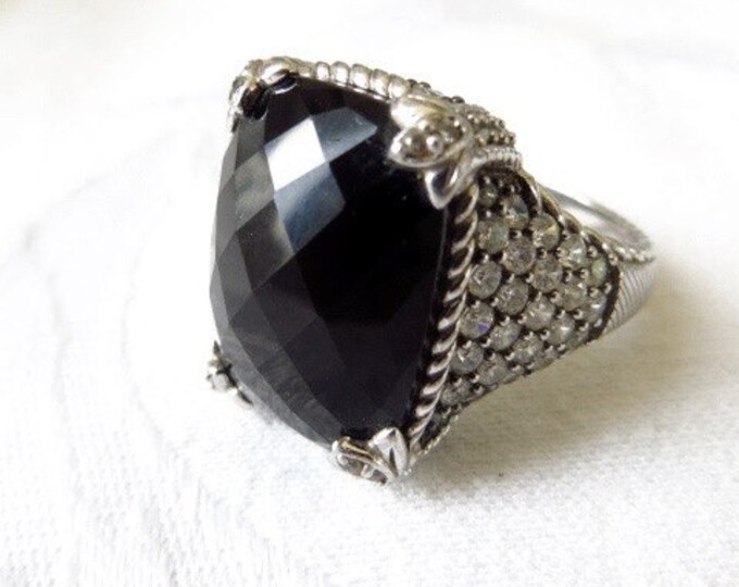 Judith Ripka Monaco Ring Sterling Silver Onyx Diamonique CZ stones Vintage Size 10.5 Designer Signed High End Jewelry