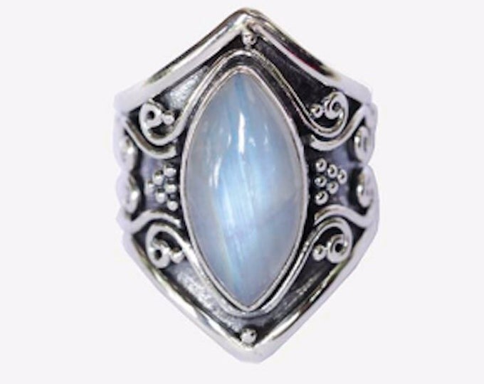 Moonstone Ring, Sterling Silver, Marquise Shaped Moonstone, Engraving, Silver Rings Women, Moonstone, Gemstone, Gypsy, Sterling Ring