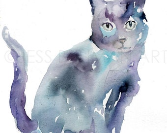 Black Cat Watercolor Painting Print, Black Cat Painting, Cat Watercolor, Cat Illustration, Print of Cat, Pet Painting, Animal Watercolor