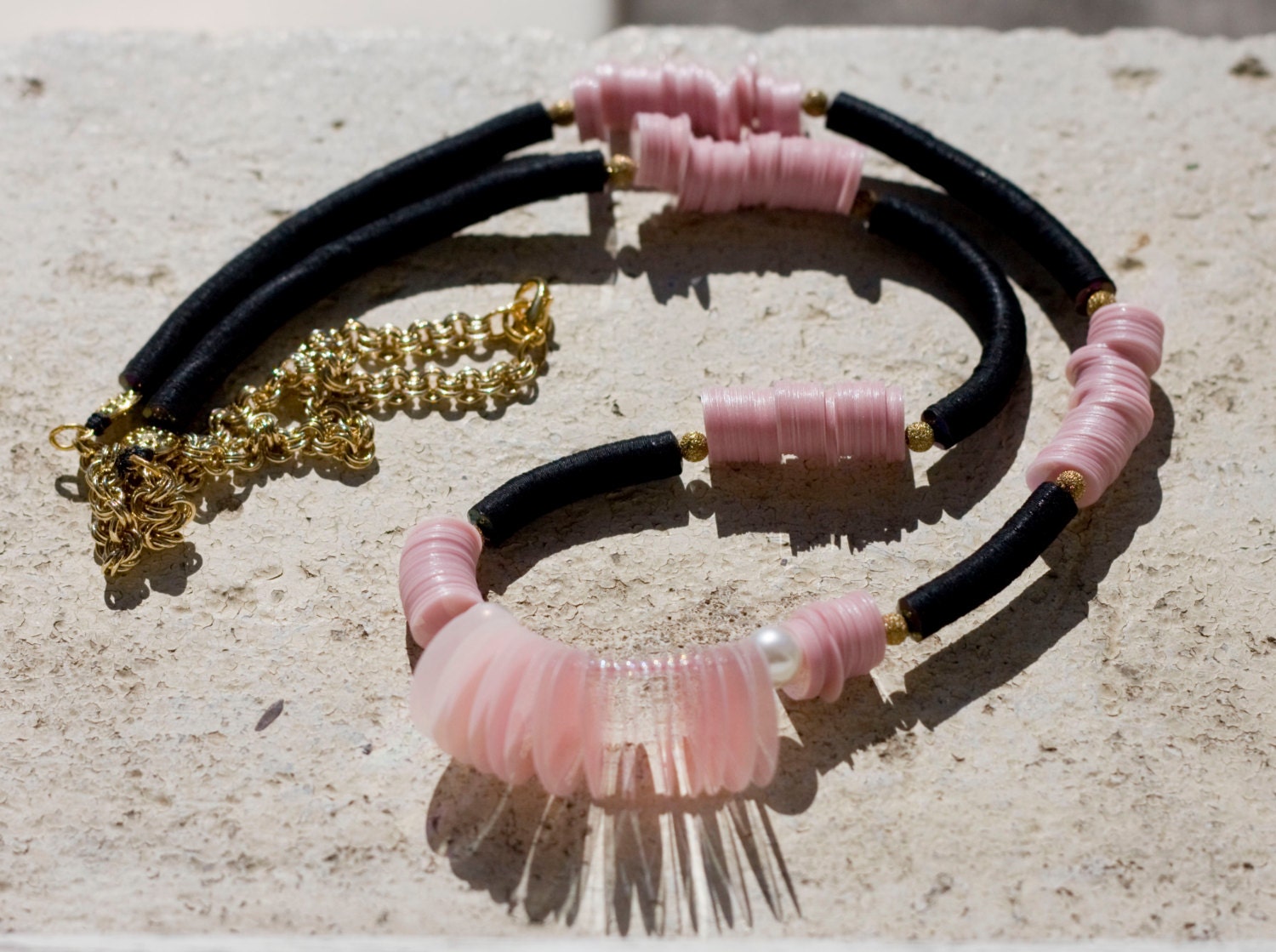 sequins and pearls long necklace pink and black sequins