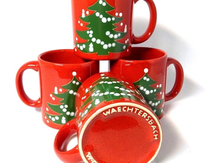 Christmas Tree by Waechtersbach, Red Porcelain Holiday Mugs, Set of 4 Made In Germany, 3 7/8"