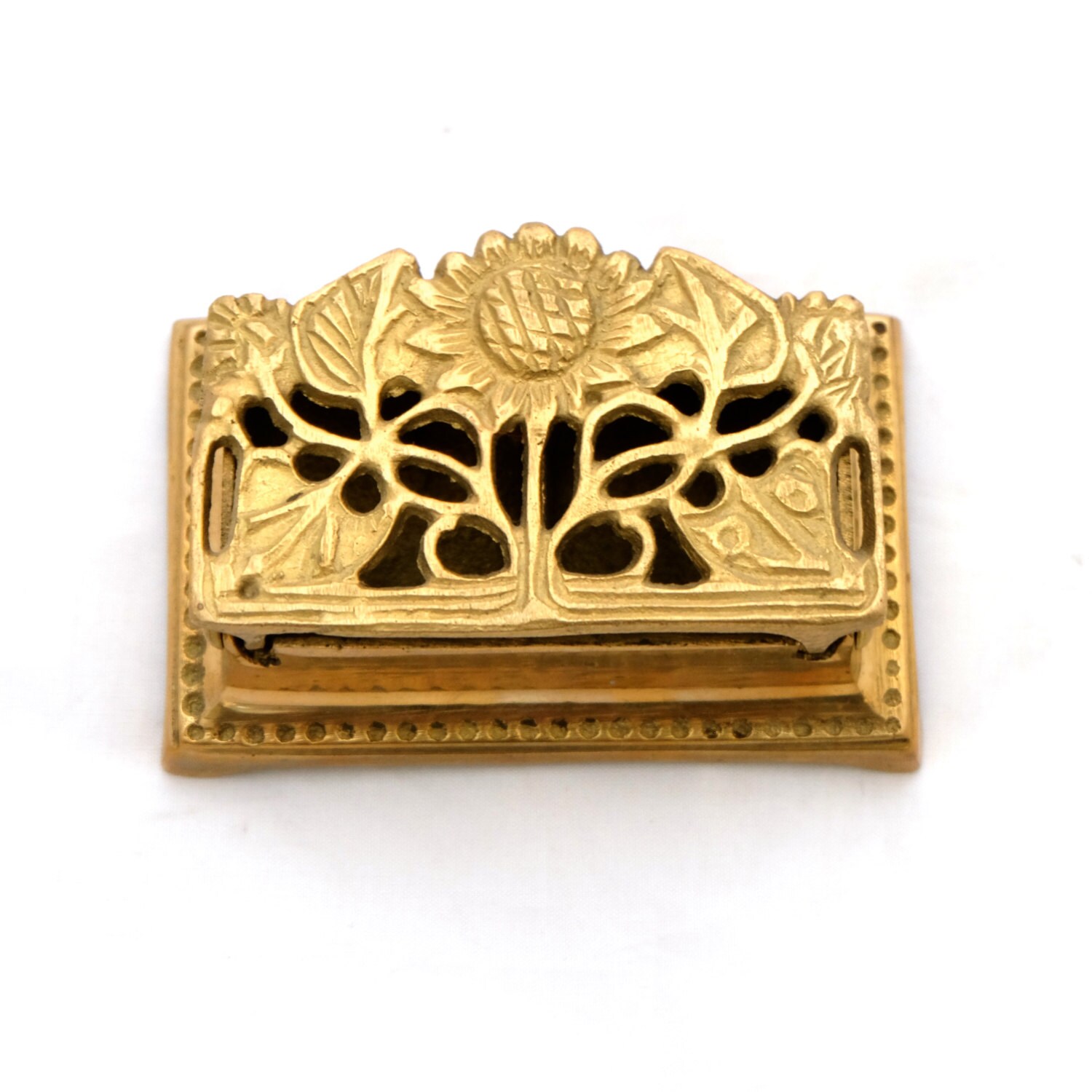 Art Nouveau Sunflower Solid Brass Stamp Holder, Brass Stamp Box