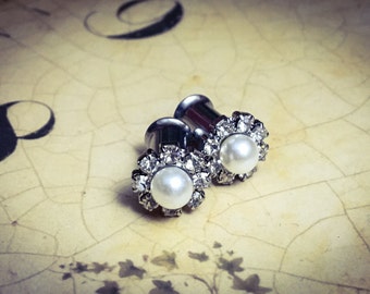 Tiny White Vintage Pearl and Rhinestone Plugs, gauges 2g, 0g