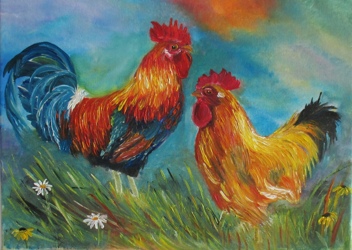 Rooster oil painting hen painting chicken painting kitchen