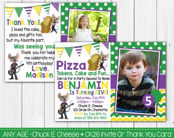 SALE - Any Age - Chuck E. Cheese Birthday Invitation OR Thank you card Digital Invite File