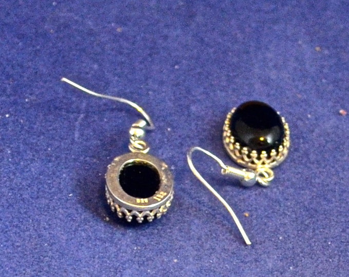 Black Onyx Earrings, 14x10mm Cabochons, Natural, Set in Sterling Silver E920