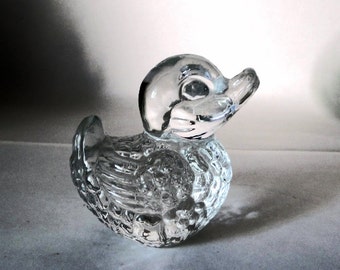 Glass Duck Paperweight, 1990s, carved glass, gift for her, gift for him, Office decor, office paper weight