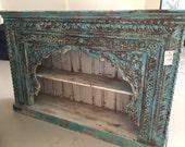Antique Indian Book Case Blue Bookshelf Arched Frame Patina Carved Wood