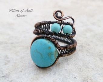 Boho ring / wire wrapped jewelry handmade / Wire Wrapped Ring / copper jewelry / Turquoise magnesite copper ring / bohemian jewelry
