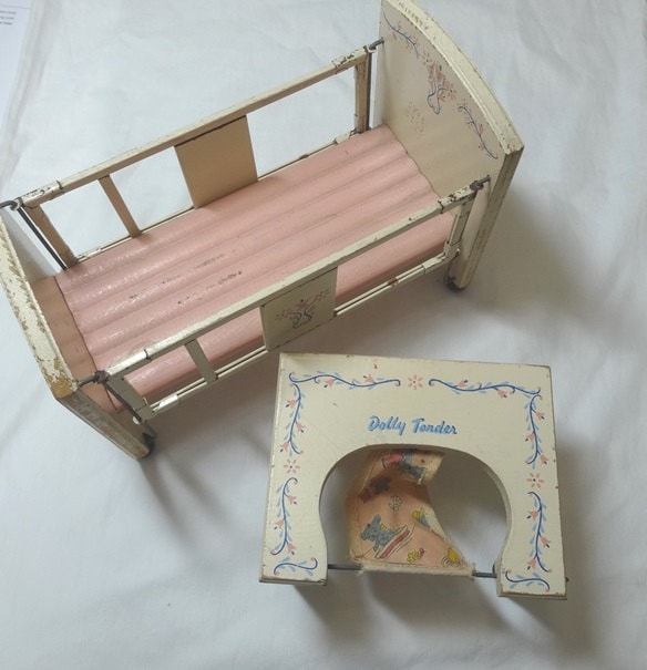 1950s Vintage Wood Doll Baby Bed Crib and Chair Dolly Tender
