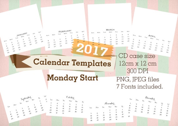 Items Similar To 2017 Calendars Printable Cd Case Size Templates Monday Start 12cm X 12cm Square Cd Calendar Template 2017
