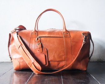 weekend bag, shoulder bag, handmade leather bag, message bag, duffel bag, travel bag - Vegetable tanned leather - Handmade - Tanned - Large
