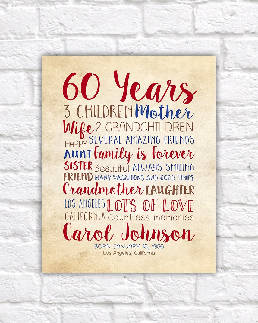 Birthday Gift for Mom, 60th Birthday, 60 Years Old, Gift for Dad, Mother in Law, Mother Gift 