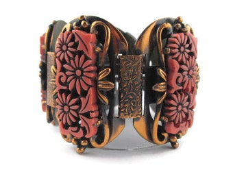 Selro Carved Floral Salmon Thermoplastic Oxydized Copper Wide Panel Bracelet
