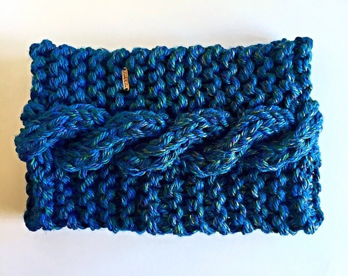 SALE! Peacock Blue Chunky Cable Knit Cowl Scarf, Oversize Winter Cowl in Blue, Purple, Green and Gold