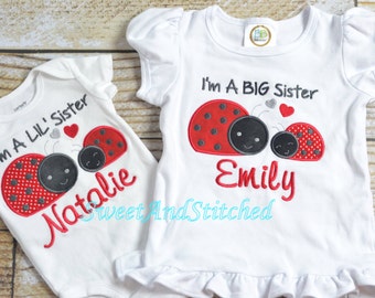 Ladybug Big Sister Shirt Personalized, Ladybug little Sister Shirt Personalized, Personalized and embroidered, big sis lil sis shirts