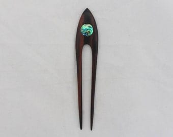 Wood hair fork 2 prong wooden hair sticks with paua shell, wood carving, wooden hair accessories
