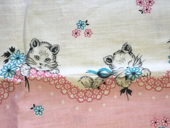 Vintage Kitty Cat Border Print Cotton Feed Sack Fabric