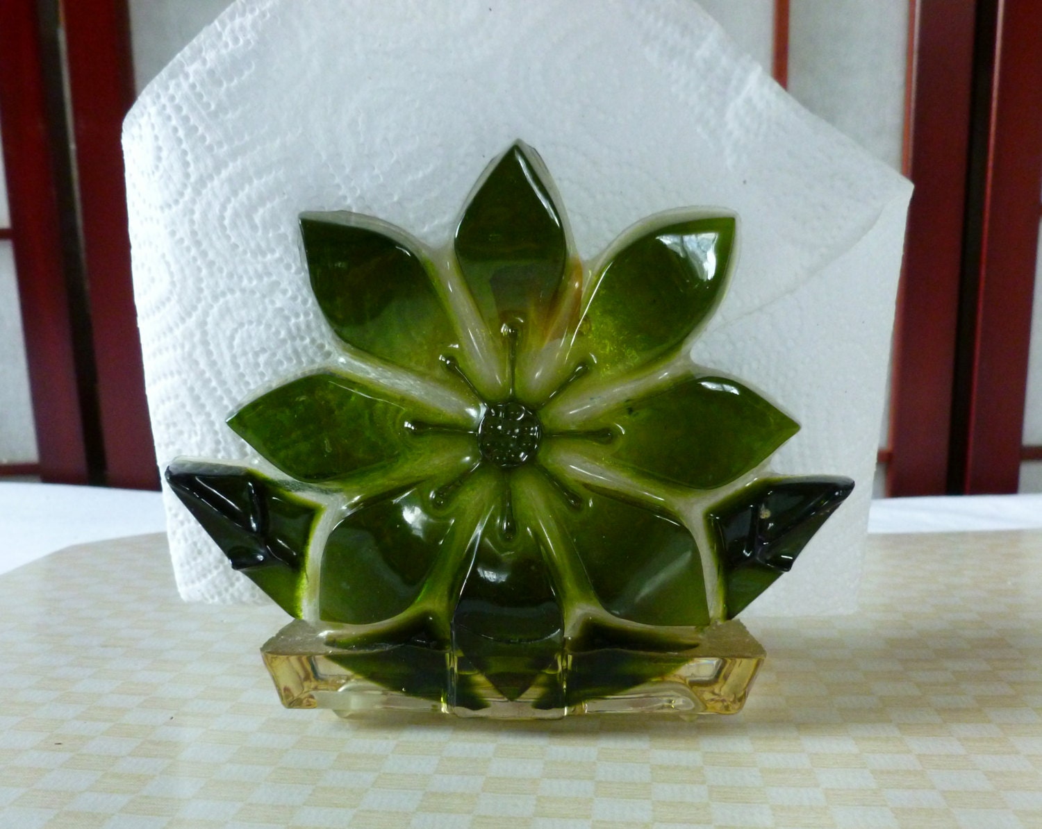 Vintage Lucite Resin Napkin Holder in Green Orange and Yellow