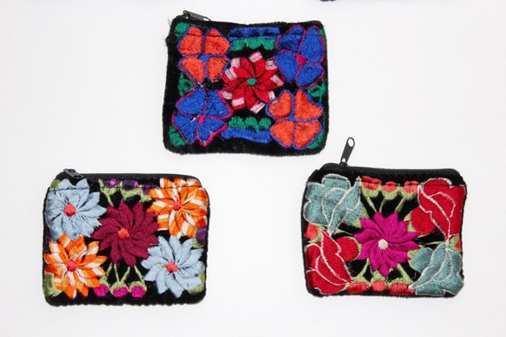 Mexican Embroidered Coin Purse Wallet Handmade Flowers