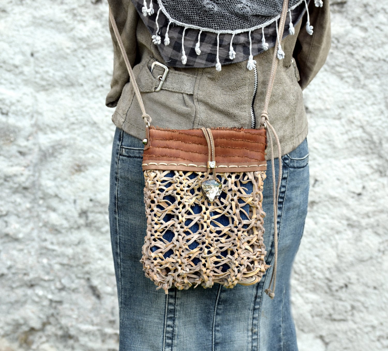 Unique boho purse beige crossbody bag brown leather purse