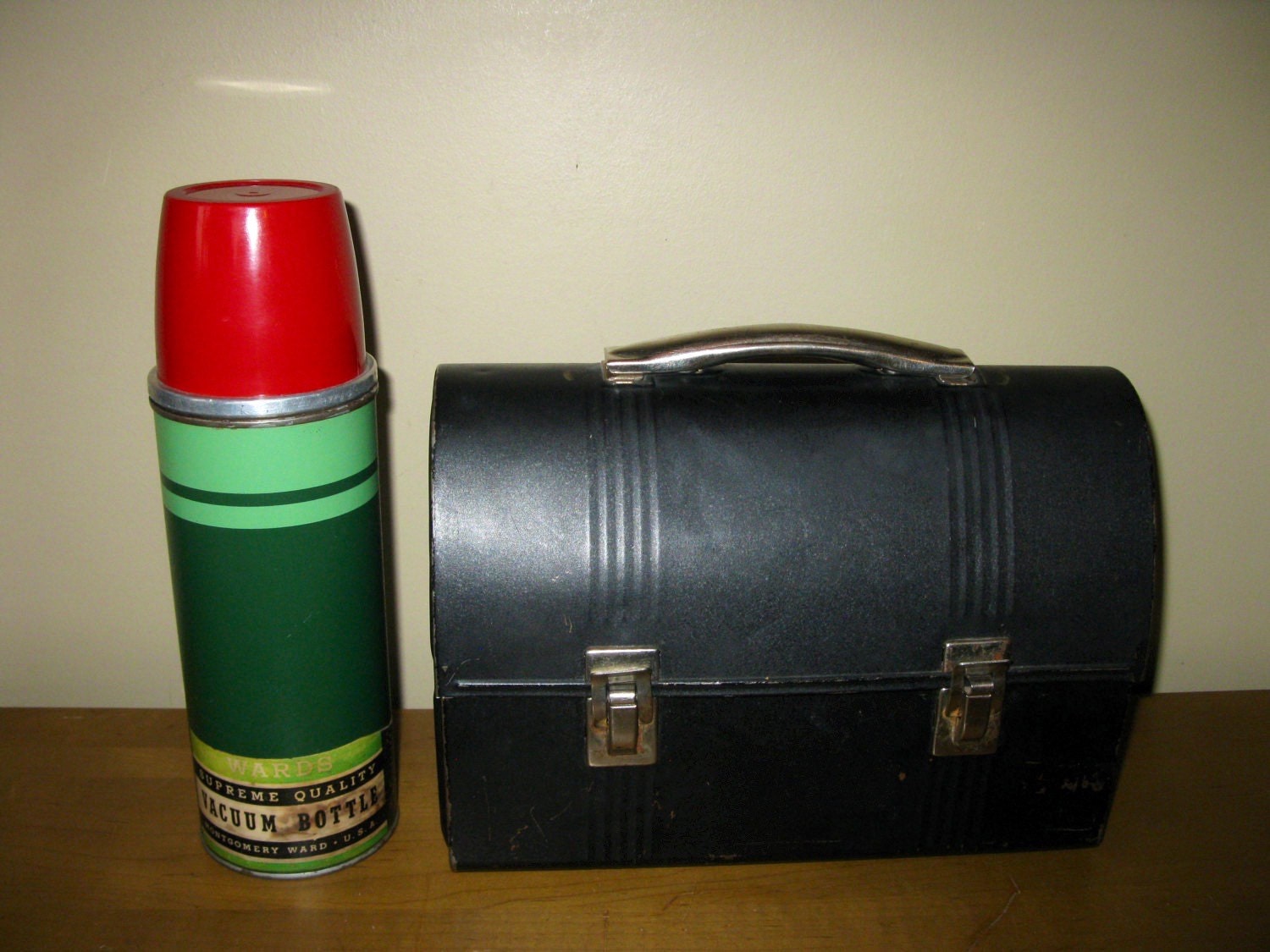 Vintage Thermos Black Metal Lunch Box with Montgomery Wards