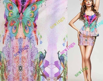 discount cdk-4018 Butterfly Peacock Bird Nice Digitally Print Pattern Pure Silk Fabric Crepe de Chine by Meters/ Yards Dressmaking Material