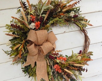 Rustic Front Door Wreath,Woodland Wreath,Year Round Wreath, Primitive Wreath, Winter Wreath, Full Burlap Bow