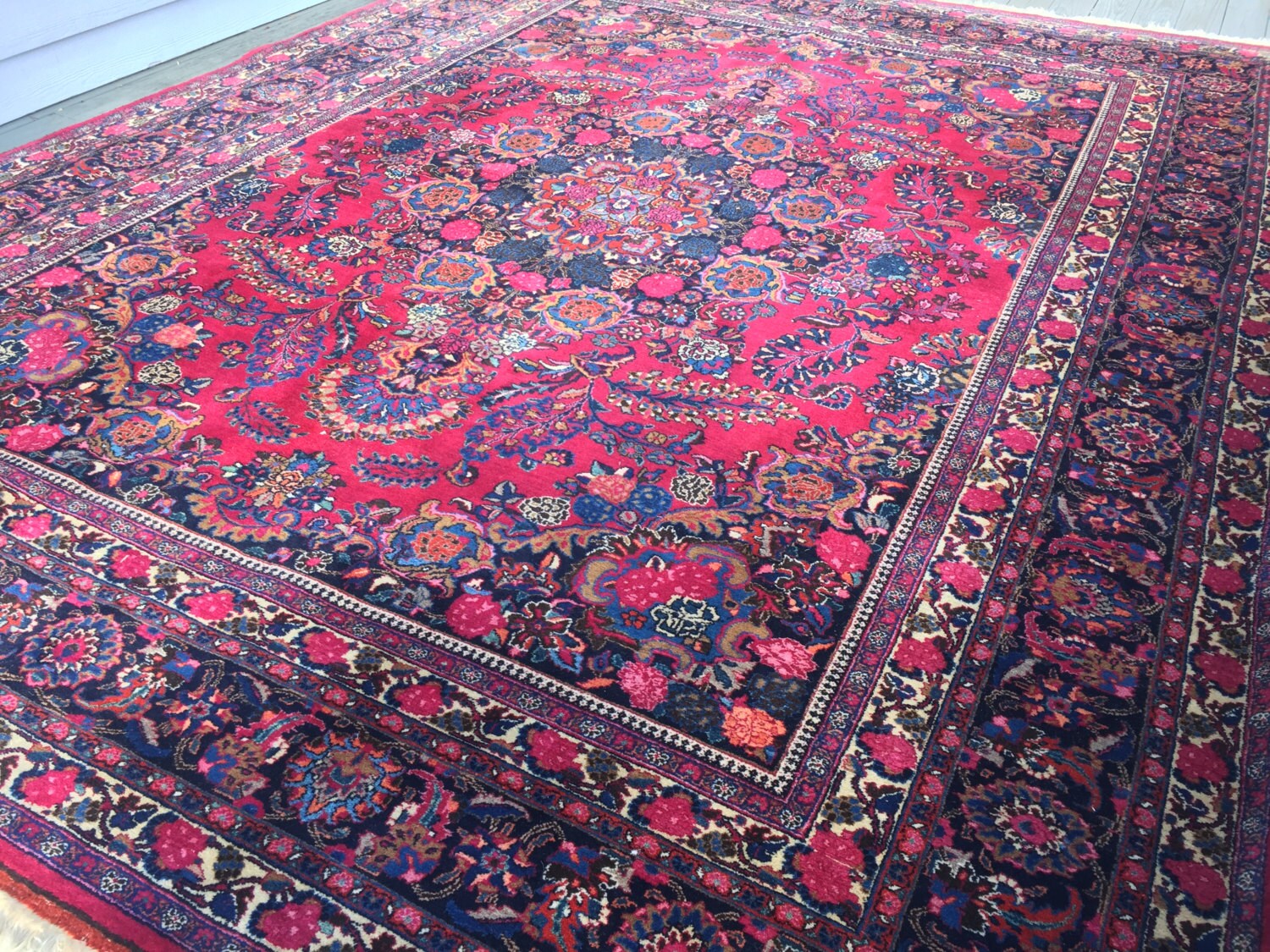 Handwoven Wool Oriental Rug in Jewel Tones 13 feet by 10 feet