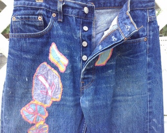 Levi 501 Vintage Jeans Sz. 32/30 - Distressed Levi Jeans - Men's Levi Jeans- Dark Blue Levi Jeans - Painted Jeans- Decorated Jeans- Denim
