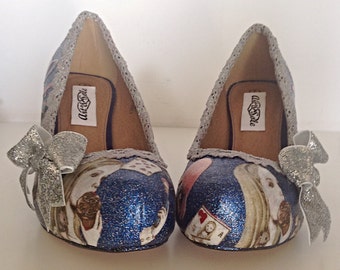 Alice wedding shoes personalised shoes, alice in wonderland shoes, wedding shoes, glitter shoes brides shoes something blue low heel shoes,
