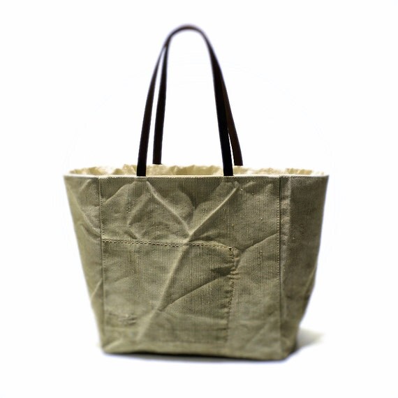 Recycled canvas tote bag Shoulder bag Vintage Leather Straps