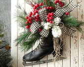 Red Berries Ice Skate ~ Cabin Christmas Rustic Winter Farmhouse Door Hanger, Mantle & Hearth Winter Decor /0546