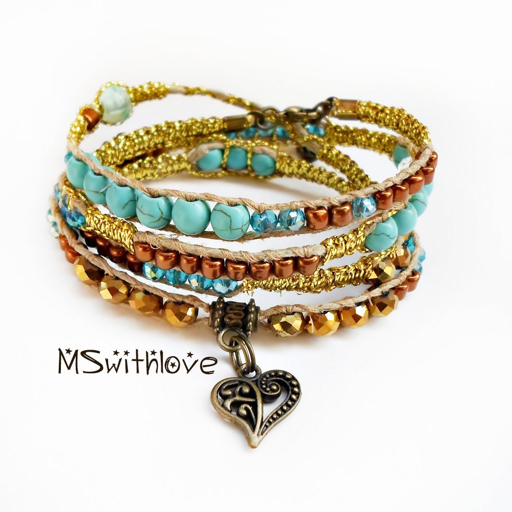 Gold and Turquoise Bohemian Wrap Bracelet for Woman Turquoise