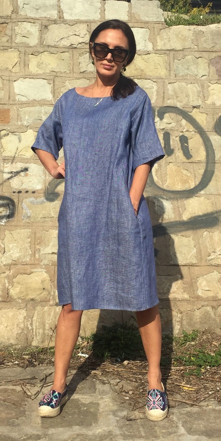 Oversize Blue Cotton Dress/Maxi Dress with Pockets/Loose