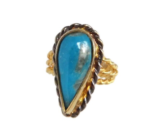 Turquoise Ring, Teardrop Ring, Vintage Gold Plated Sterling Silver Ring, Triple Band Ring, Birthday Gift for Her, Size 4.5