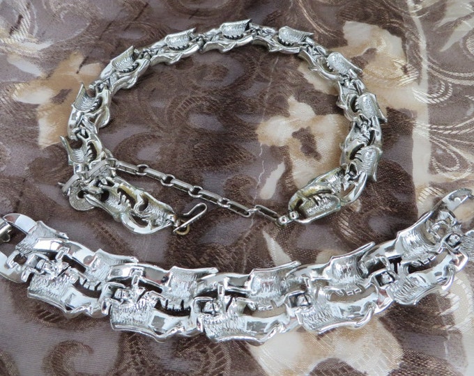 ON SALE! Lisner Chunky Necklace Bracelet, Vintage Silver Tone Jewelry Set