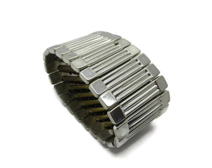 Vintage Expansion Bracelet | Chunky Silver Tone Bracelet - Ribbed Wide Band Cuff