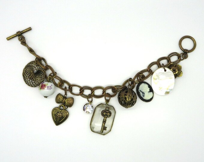 Copper Charm Bracelet, Vintage Cameo, Key, Rose, MOP, Porcelain, Rhinestone Charms