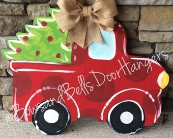 Christmas tree truck doorhanger, christmas wreath, Christmas door hanger, winter wreath, mason jar door hanger, Christmas decor, winter door