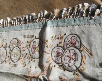 Vintage embrodered buffet or sideboard runner, Silk organza with silk tassles, Seafoam green
