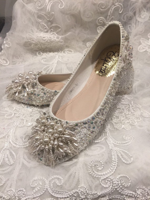 Items similar to Plus Size 11,12,13 Wedding Shoes Bridal Flats Beaded ...