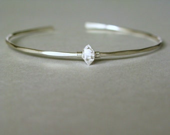 Herkimer diamond cuff-Thin cuff bracelet-Dainty thin hammered cuff-herkimer diamond silver cuff-stacking bracelet-herkimer bracelet