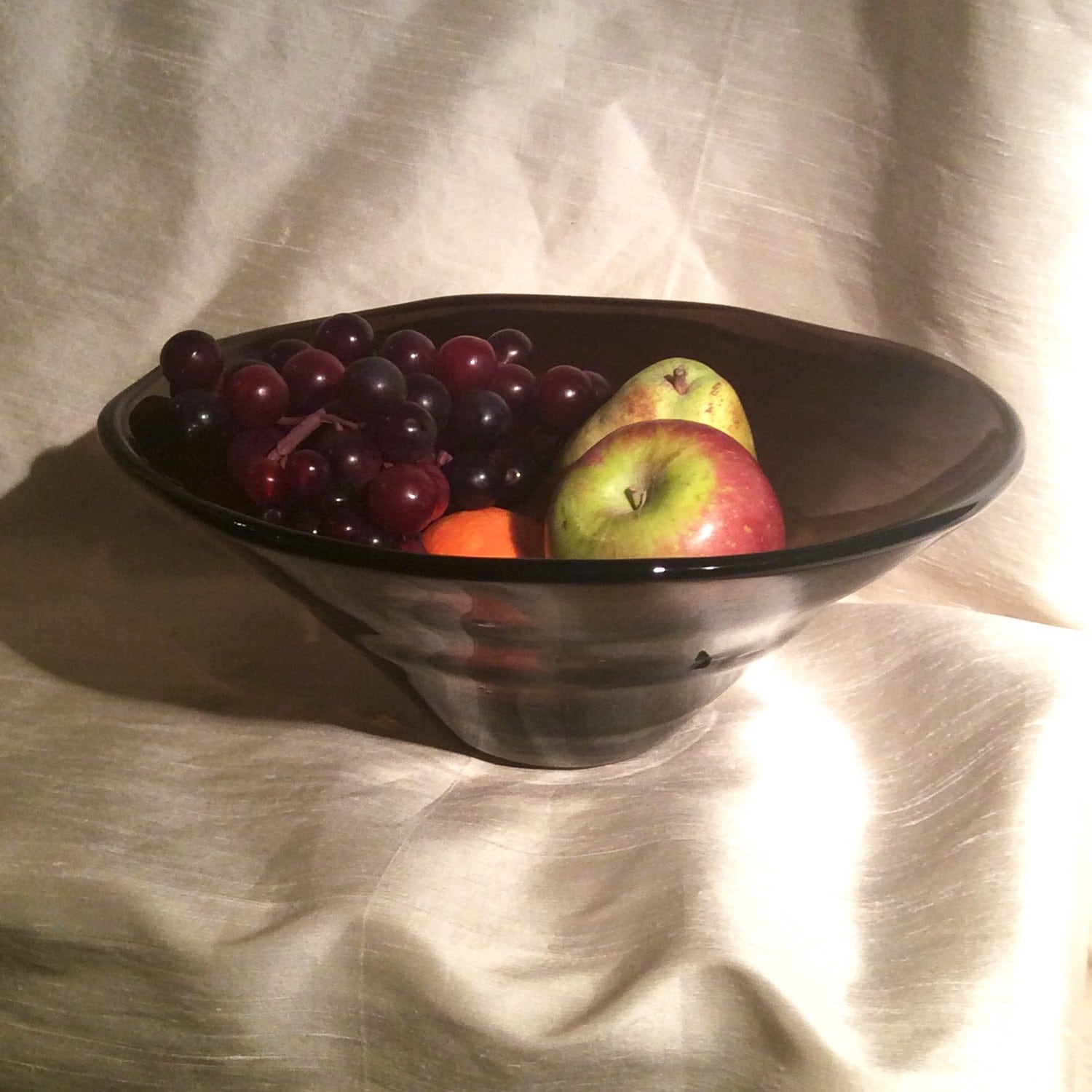Large Hand Blown Glass Bowl. Aubergine Glass Fruit Bowl.